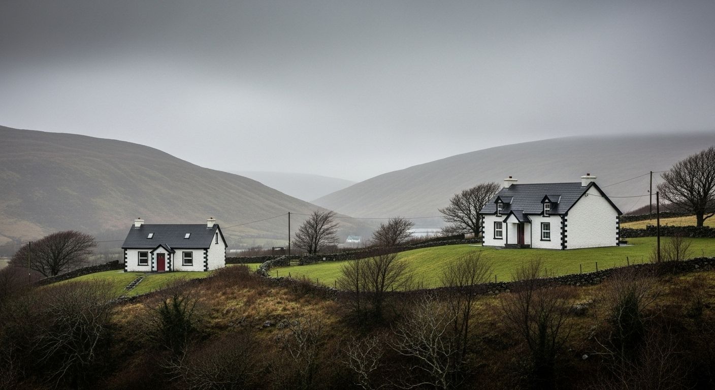 ai generated image of two white and black bungalows in an foggy and dull Irish rural countryside landscape.